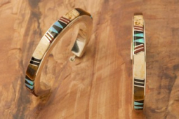 Calvin Begay Genuine Picture Jasper  Sterling Silver Large Hoop Earrings